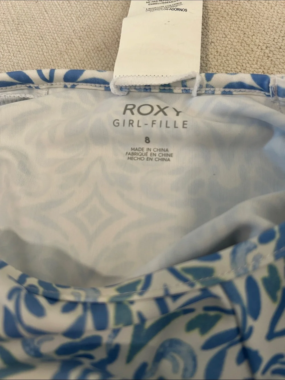 Roxy Girls Fresco Tile Crop Rashguard, 2-Piece Set, Blue, size 8, NWT
